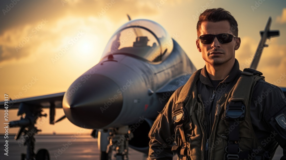 Portrait of a military pilot, in the background a military fighter plane Portrait of a military pilot, in the background a military fighter plane