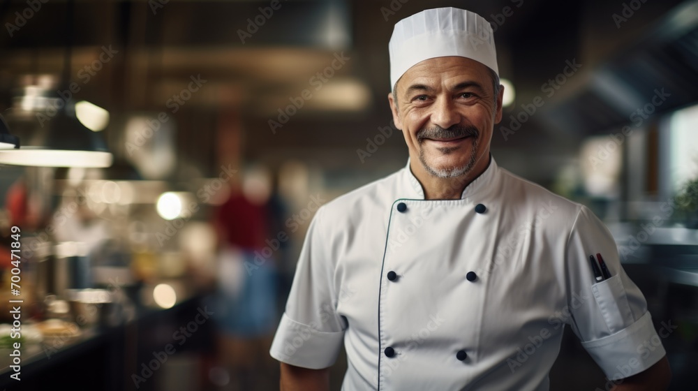 Portrait of chef man, in backround professional kitchen