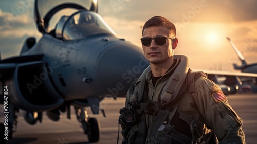 Portrait of a military pilot, in the background a military fighter plane photo