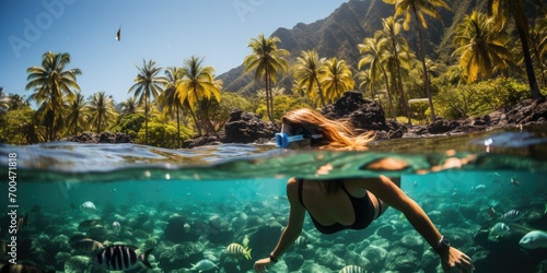 Underwater shoot of a young lady snorkeling and doing skin diving in a tropical sea. AI Generated photo