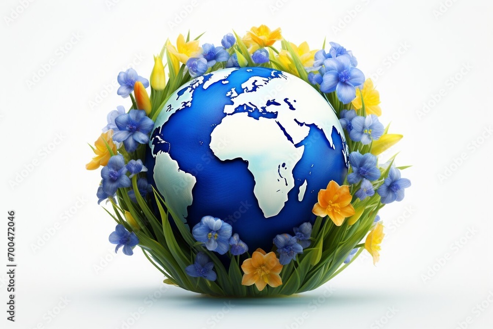 Model of planet Earth with flowers isolated on white background. World Map Green Planet Earth Day or Environment day Concept.