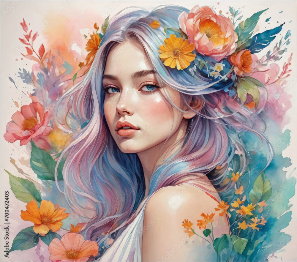portrait of a girl with flower background generated by AI portrait of a girl with flower background generated by AI