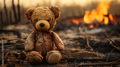 Sad war burnt teddy bear