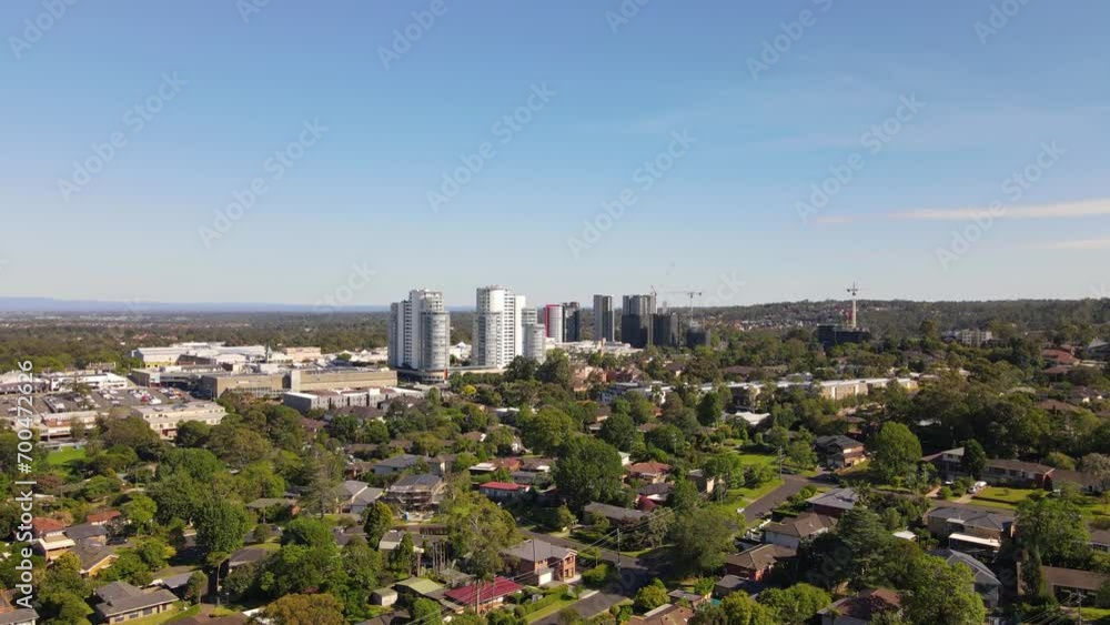 Aerial drone view rising up at Castle Hill cbd in Sydney, NSW Australia on a sunny day in December 2023 Aerial drone view rising up at Castle Hill cbd in Sydney, NSW Australia on a sunny day in December 2023
