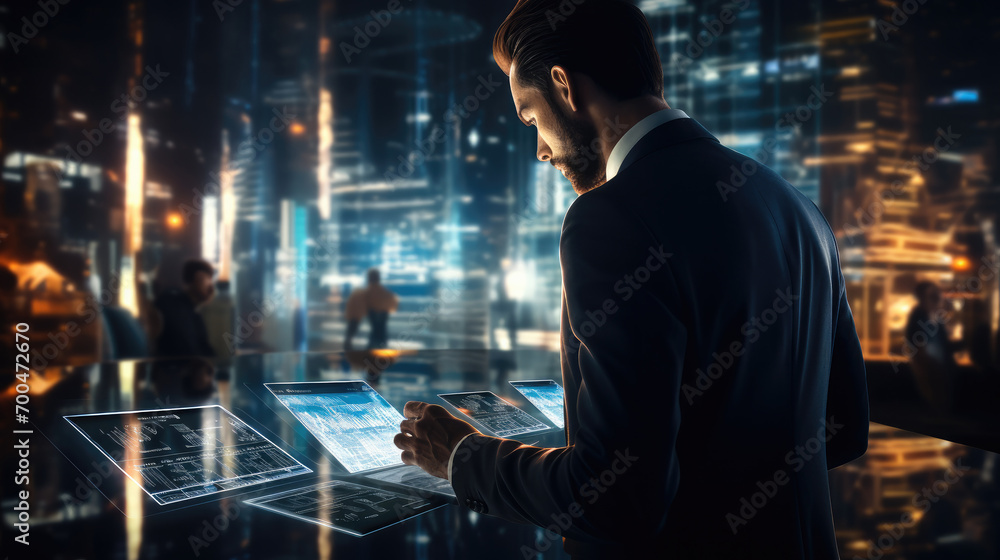 Businessman check electronic documents on digital documents and checklist approve, Online evaluation of business on virtual interface, Communication technology concept. Generative AI. Businessman check electronic documents on digital documents and checklist approve, Online evaluation of business on virtual interface, Communication technology concept. Generative AI.