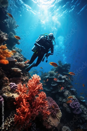 Fototapeta Naklejka Na Ścianę i Meble -  Scuba diving in ocean coral reef sea under water. AI Generated