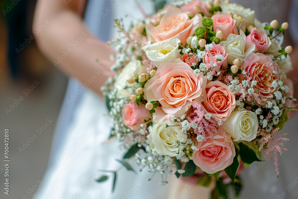 wedding bouquet in bride's hands colorful bloom roses wedding bouquet in bride's hands colorful bloom roses