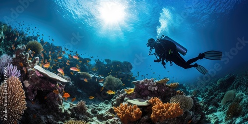 Scuba diving in ocean coral reef sea under water. AI Generated photo