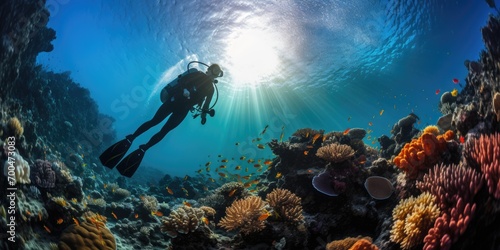 Scuba diving in ocean coral reef sea under water. AI Generated