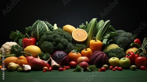 A vibrant composition featuring assorted vegetables and fruits artfully arranged on a green surface. Generative AI.