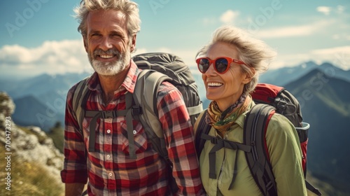 Senior couple hiking on mountain