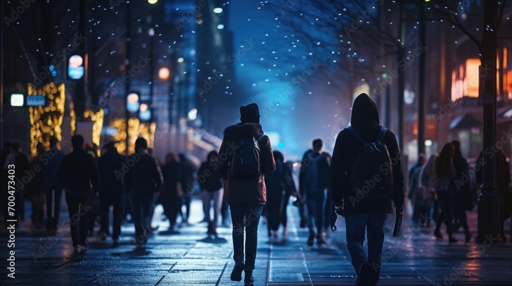 Silhouetted people walking on busy street at winter snowy night in modern city