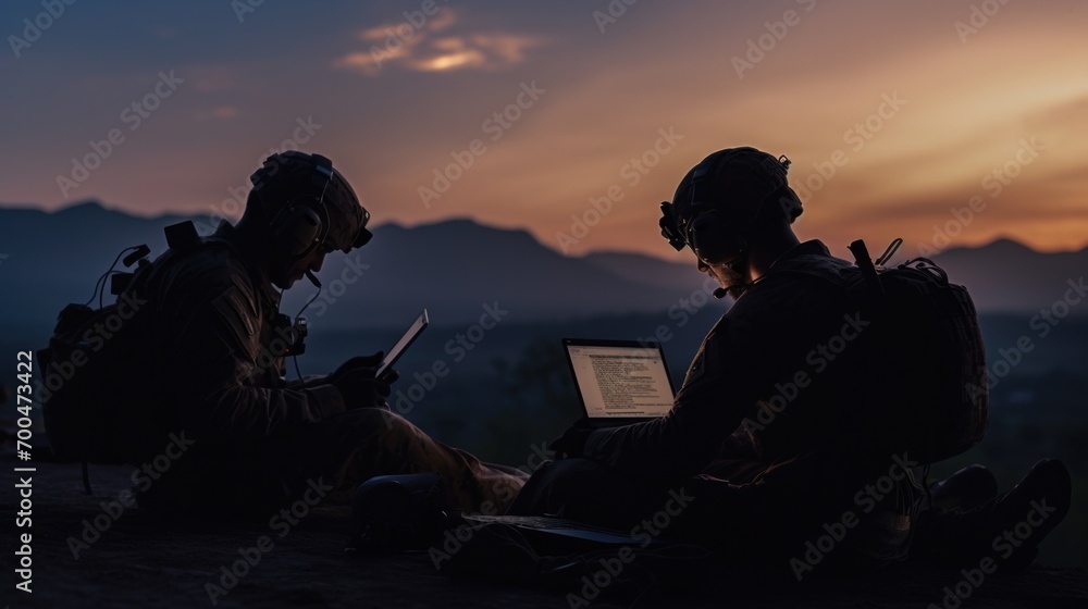 Silhouettes of soldiers are using laptop during military operation