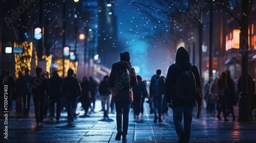 Silhouetted people walking on busy street at winter snowy night in modern city