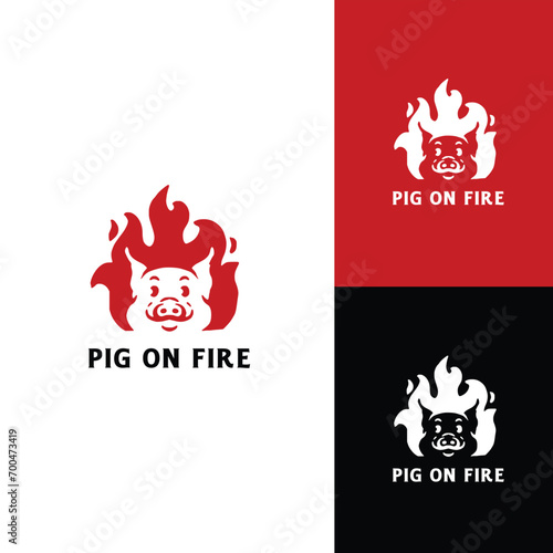 mascot red pig fire hot grill. logo design vector ,red color simple illustration template