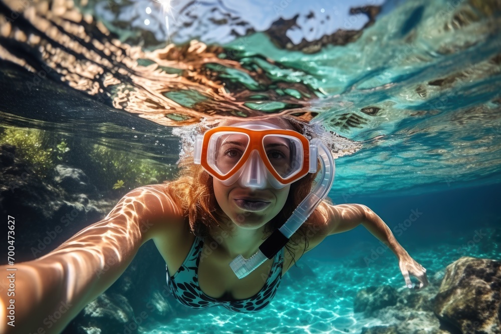 Fototapeta premium Underwater shoot of a young lady snorkeling and doing skin diving in a tropical sea. AI Generated