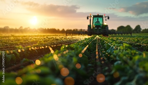 Tractor sprays pesticide fertilizer or water on a farm against the background of a beautiful sky