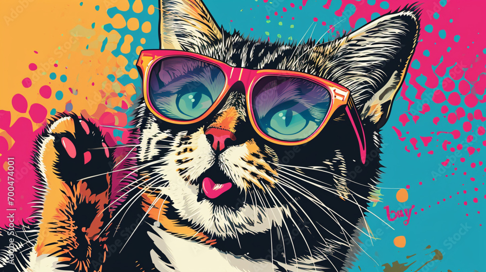 Obraz premium Wow pop art cat face. Cat with colorful glasses pop art background. Animals characters