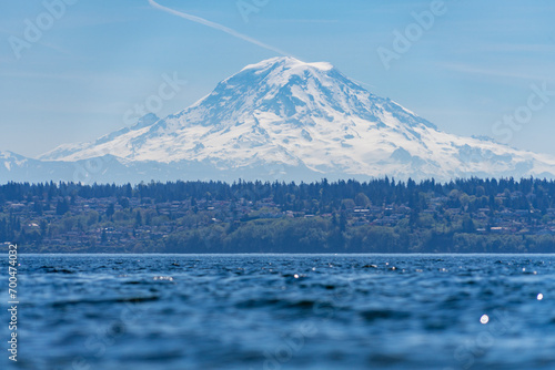 Low Angle View of Majestic Mount Rainier over Ocean photo