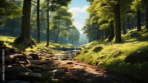 A beautiful forest in a sunshine day. Generative AI.