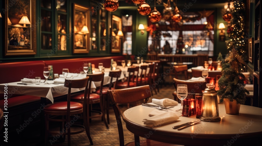 Interior of a Christmas themed restaurant. Generative AI. Interior of a Christmas themed restaurant. Generative AI.
