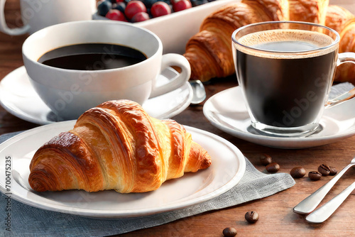 A cup of coffee and tasty croissants on a on brown wooden background. Perfect breacfast in the morning. Rustic style.