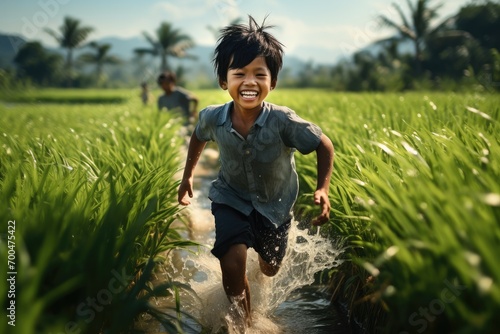 Asian child runs in the paddy field. Generative AI. photo