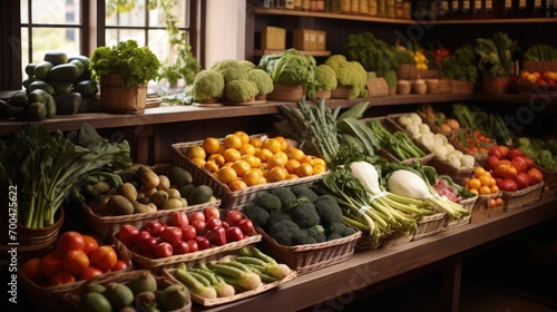 A farm shop grocery showing vegetables and fruit. Generative AI. photo