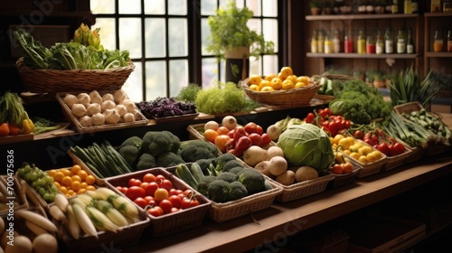 A farm shop grocery showing vegetables and fruit. Generative AI. photo