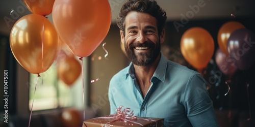 happy caucasian birthday man holding with gift box, balloons in the background. AI Generated © dark_blade