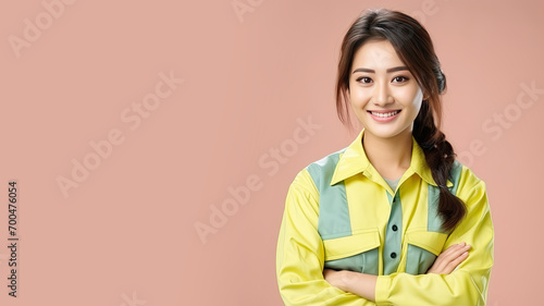 Asian woman in public transportation uniform on pastel background