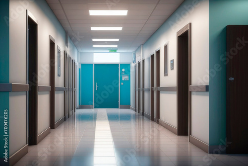 Empty modern hospital corridor. Healthcare services concept.