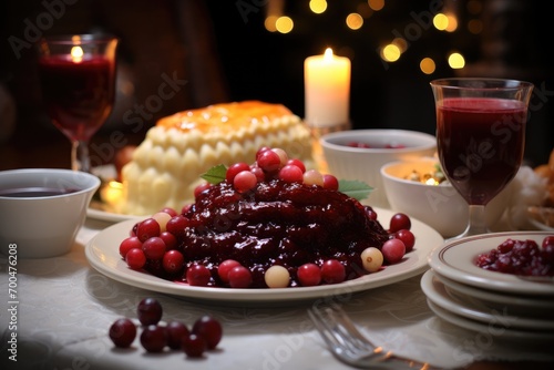 American Christmas dinner with a particularly large portion of cranberry sauce. Generative AI.