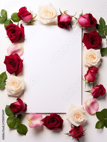 Vertical top view blank card red and pink rose love and wedding decoration Valentines day background