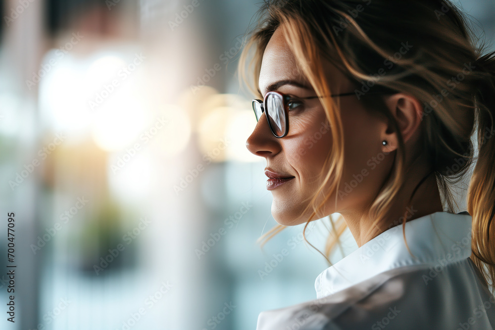 Woman in Glasses Lost in Thought, Side View Woman in Glasses Lost in Thought, Side View