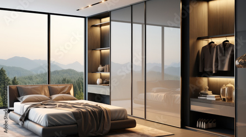 Grey wardrobe with glossy sliding doors in minimalist style, Interior design of modern bedroom. Generative AI. photo