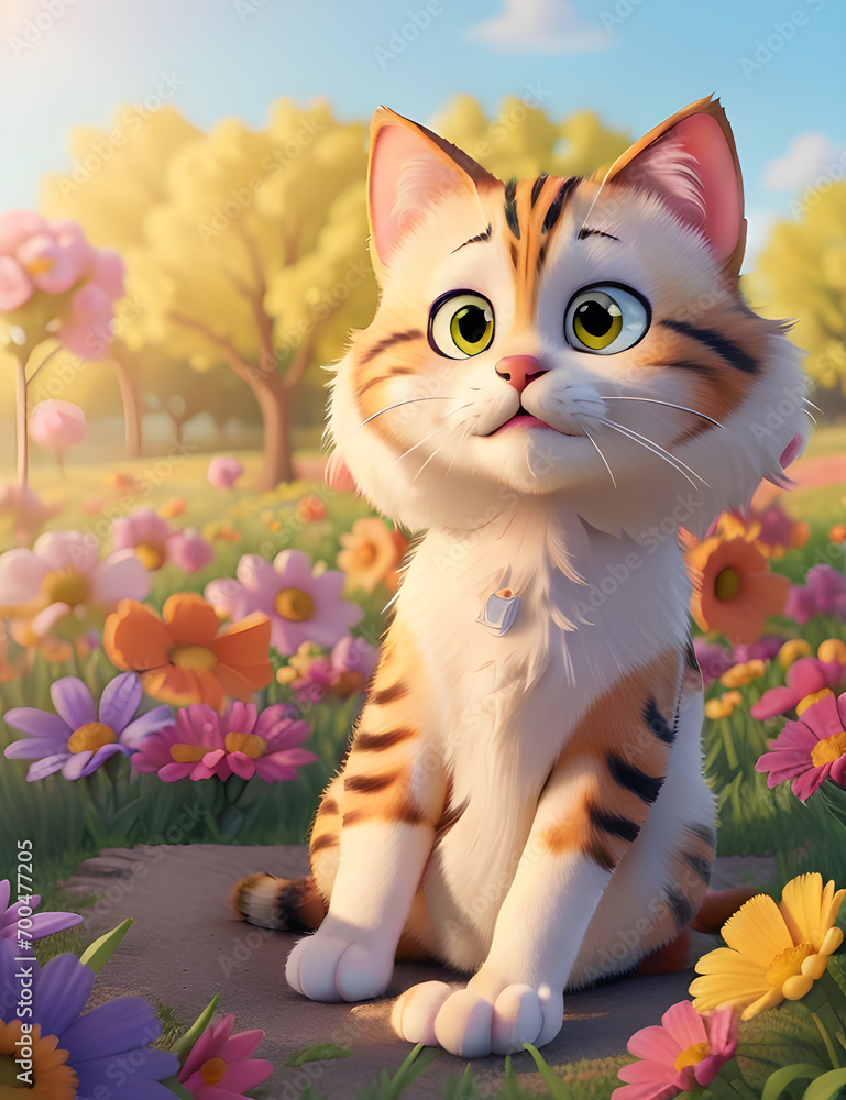 beautiful, cute cat sits in a field of colorful flowers. On the fair day of the summer sun, soft, bright colors beautiful, cute cat sits in a field of colorful flowers. On the fair day of the summer sun, soft, bright colors