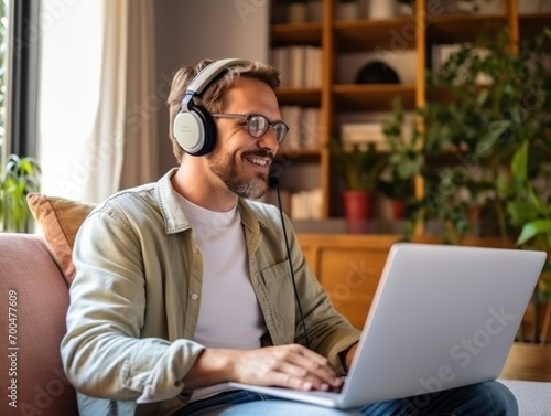 Caucasian Man Relaxes and Works from Home with Laptop and Wireless Headphones in the Living Room Setting