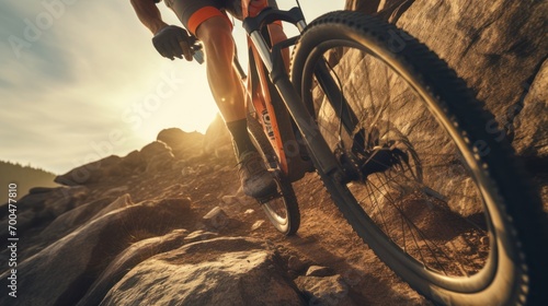 Peak Performance: Cyclist Seizes the Lead in a Close-Up Shot During a Mountain Climb photo