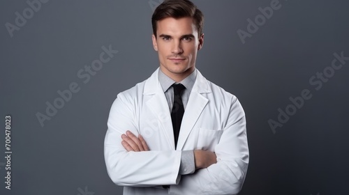 Male Beauty Doctor in White Coat and   Crosses Hands on grey background