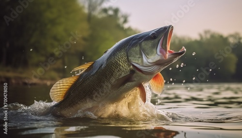Carp gracefully jumping from the lake. fishing concept