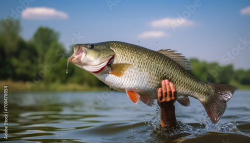fisherman hold big trophy fish carp in lake. fishing concept