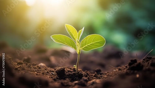 The seedlings grow from fertile soil and the morning sun shines. Green sprouts growing from seeds