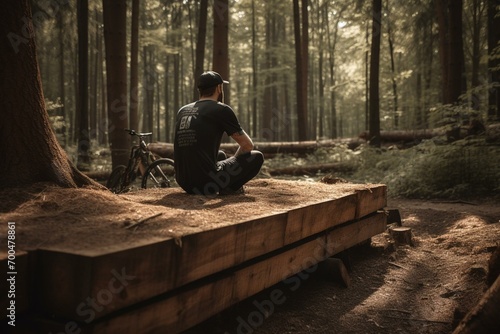 Cyclist taking a break on timber amidst trees. Generative AI