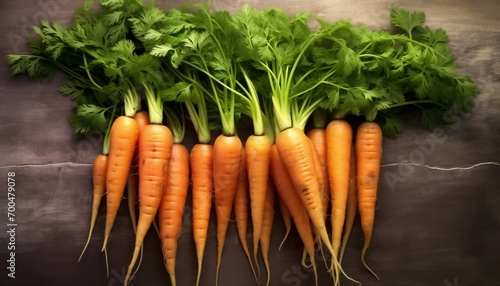 many carrots that are on a grey surface. autumn harvest of carrots. Bunch of fresh carrots