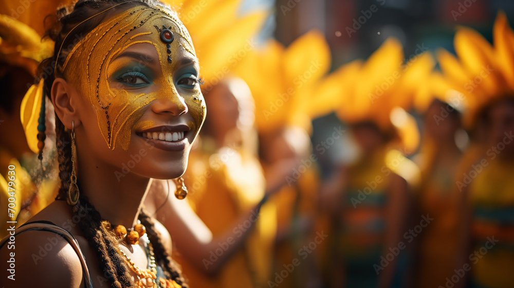 Group of joyful friends with yellow paint on faces celebrating at a festival, embodying happiness and unity. Group of joyful friends with yellow paint on faces celebrating at a festival, embodying happiness and unity.