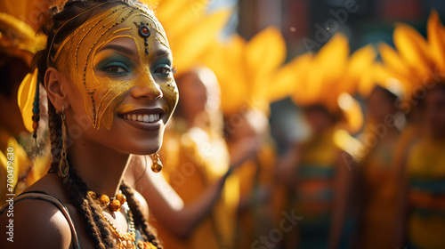 Group of joyful friends with yellow paint on faces celebrating at a festival, embodying happiness and unity.