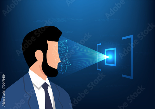 Cyber security technology Access to information that requires a person to identify themselves to important information by displaying their facial features. A man having his face scanned beam of light