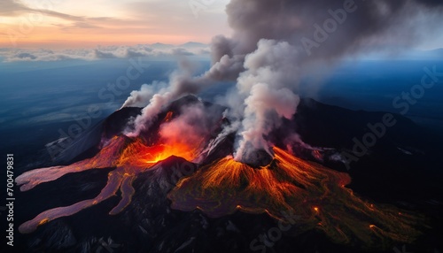 Volcano eruption with lava flow in dark. Lava descends on the volcano