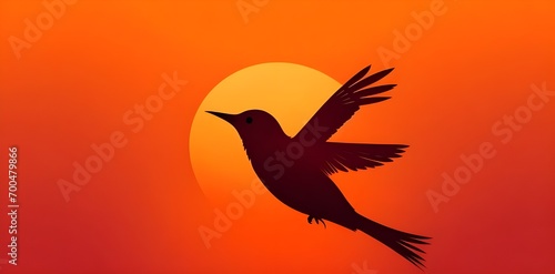 Silhouette of a bird flying in the sunset sky with sun.